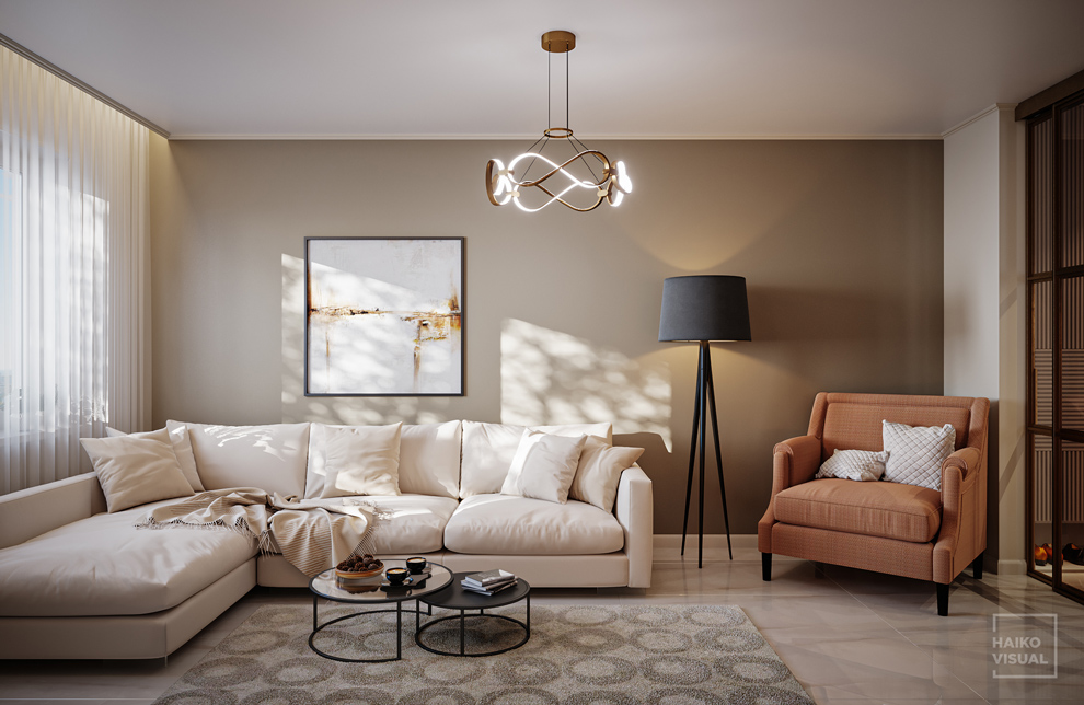 3D visualization of the living room, Minsk, Aviаcionnaya str. Design: studio «ART-CODE», Minsk