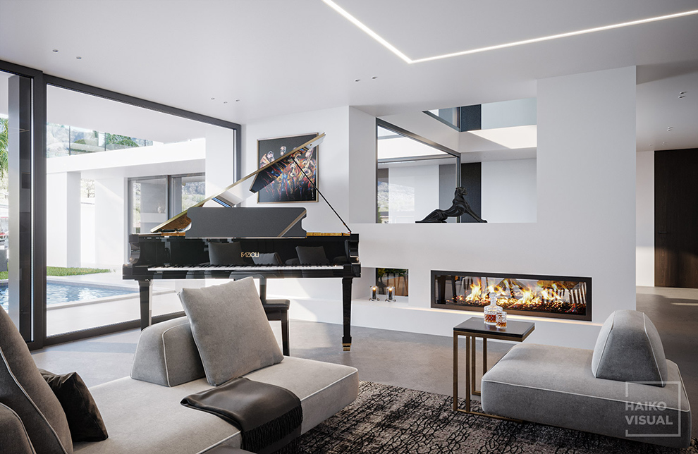 3D visualization of the living room, Switzerland, Daro. Design: studio «NUR DESIGN», Italy