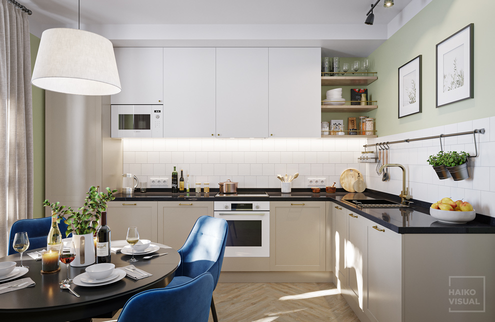 3D visualization of the kitchen, RC «Zhemchuzhniy Kaskad», Saint-Petersburg. Design: Hanna Inozemtseva, Saint-Petersburg