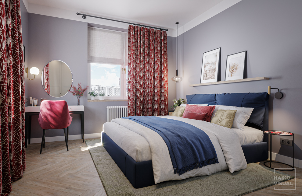 3D visualization of the bedroom, RC «Zhemchuzhniy Kaskad», Saint-Petersburg. Design: Hanna Inozemtseva, Saint-Petersburg