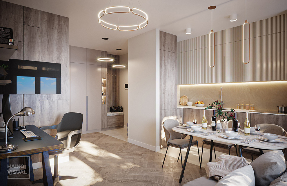 3D visualization of the living room, RC «Levada», Minsk. Design: studio «ART-CODE», Minsk