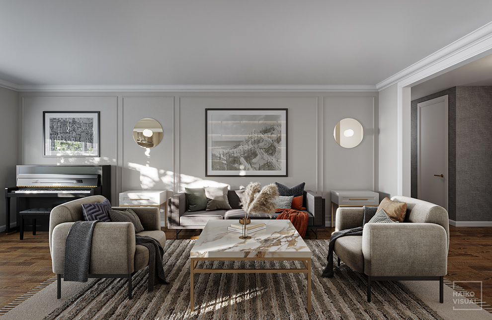 3D visualization of the living room, Manhattan, USA. Design: studio «JENNY PEYSIN ARCHITECTURE», USA