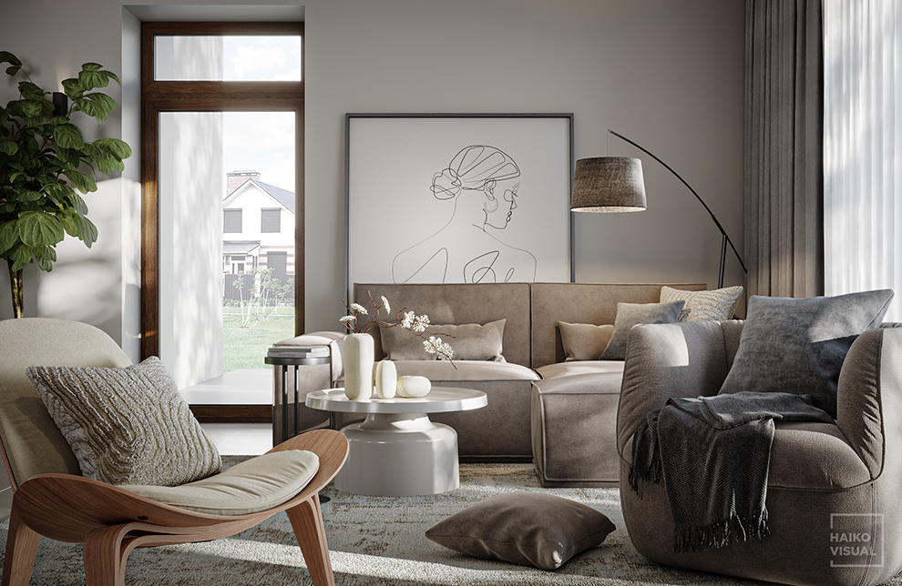 3D visualization of the living room, Negorod. Design: studio «UNIARCH», Saint-Petersburg