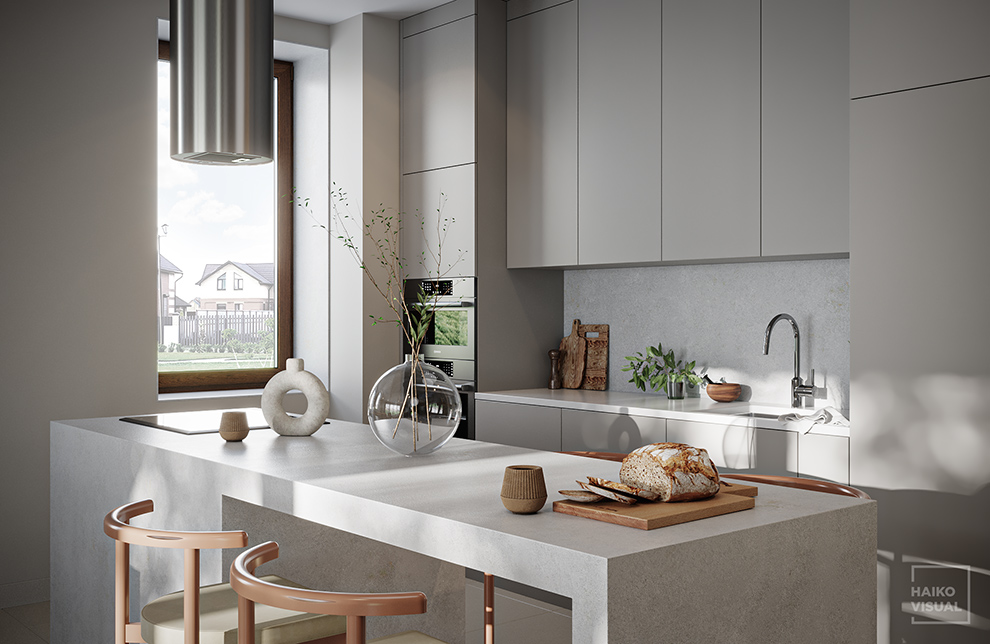 3D visualization of the kitchen, Negorod. Design: studio «UNIARCH», Saint-Petersburg