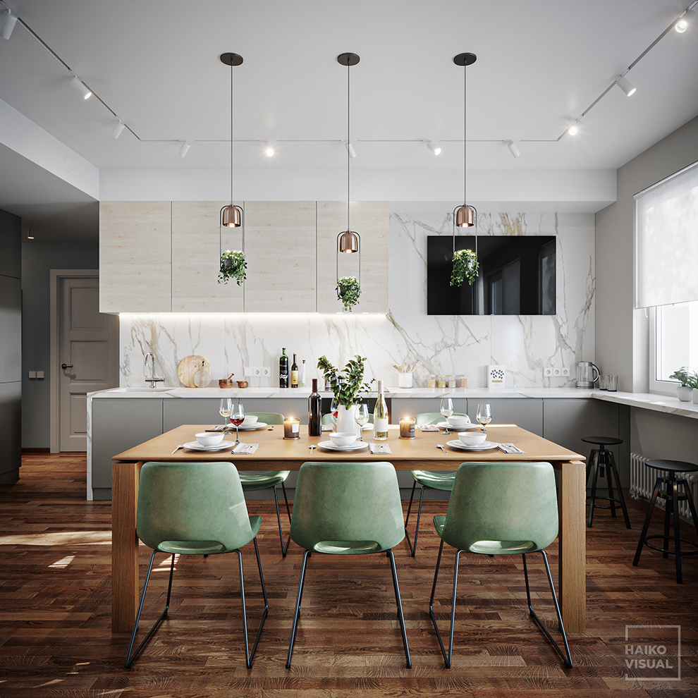 3D visualization of the kitchen, RC «Skandi Klubb», Saint-Petersburg. Design: Hanna Shikhmanova, Saint-Petersburg