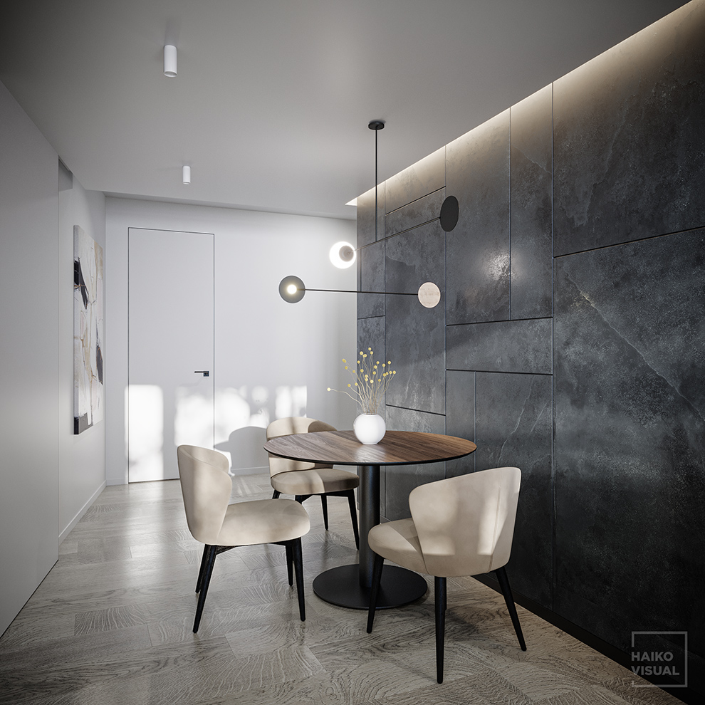 3D visualization of the living room, RC «Skandi Klubb», Saint-Petersburg. Design: Hanna Shikhmanova, Saint-Petersburg