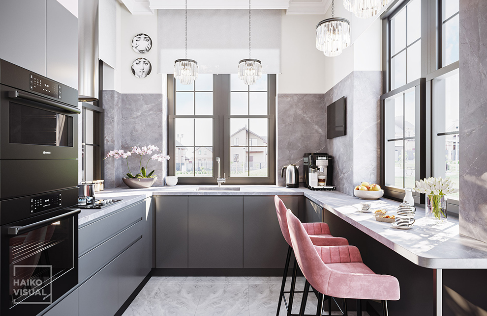 3D visualization of the kitchen, Ropsha. Design: studio «UNIARCH», Saint-Petersburg