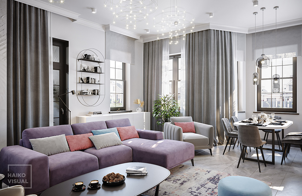 3D visualization of the living room, Ropsha. Design: studio «UNIARCH», Saint-Petersburg