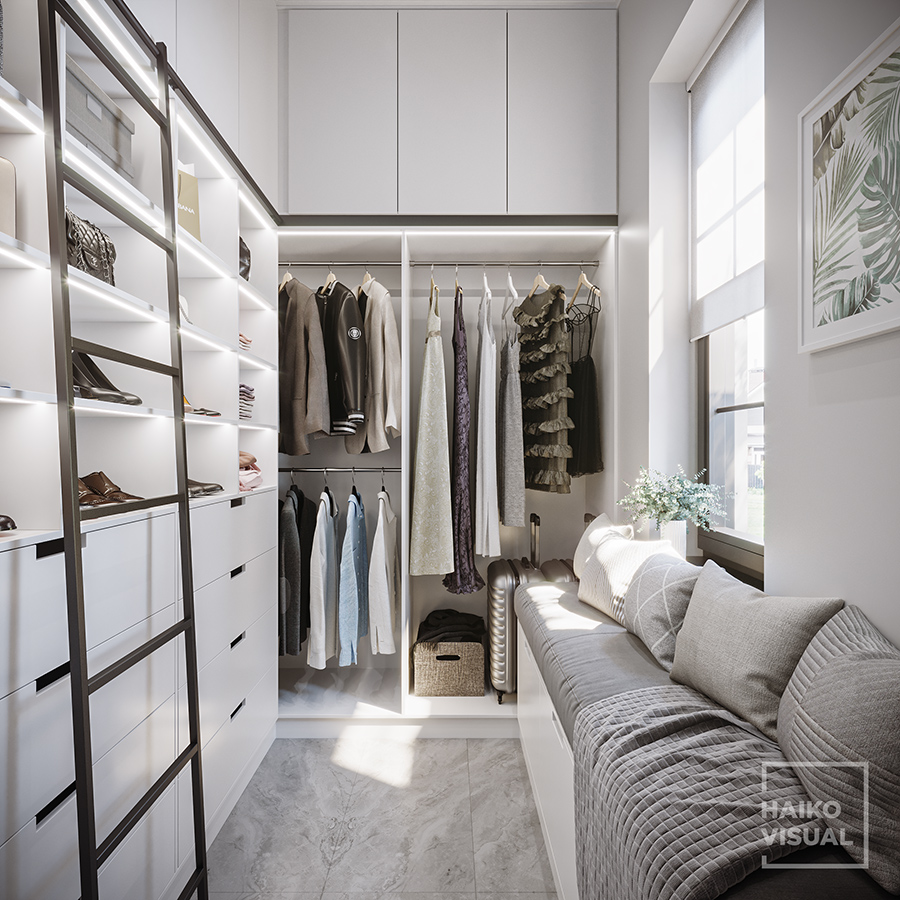 3D visualization of the wardrobe, Ropsha. Design: studio «UNIARCH», Saint-Petersburg