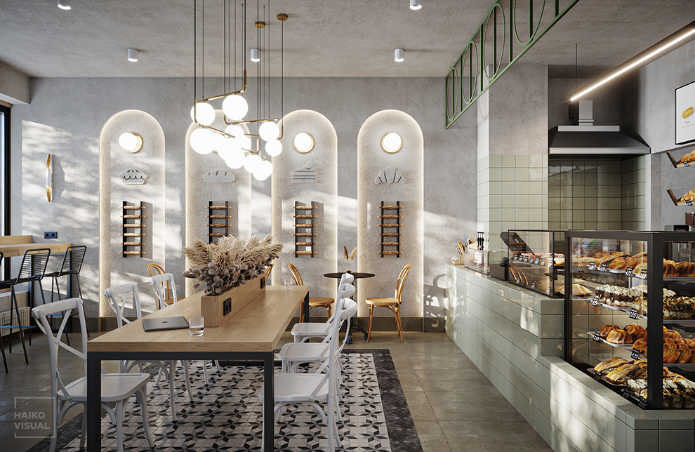 3D visualization of the cafe, Saint-Petersburg. Design: studio «UNIARCH», Saint-Petersburg