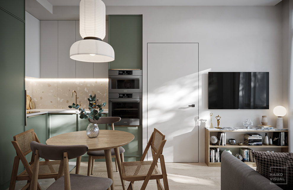 3D visualization of the living room, RC «Black River», Saint-Petersburg. Design: Ksenia Tatarina, Saint-Petersburg